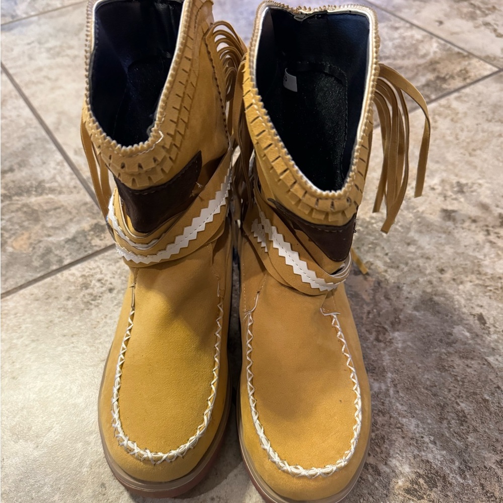 Retro Round Toe Flat Cowboy Faux Suede Tassel Mid Calf Boots Riding Shoes Size 3